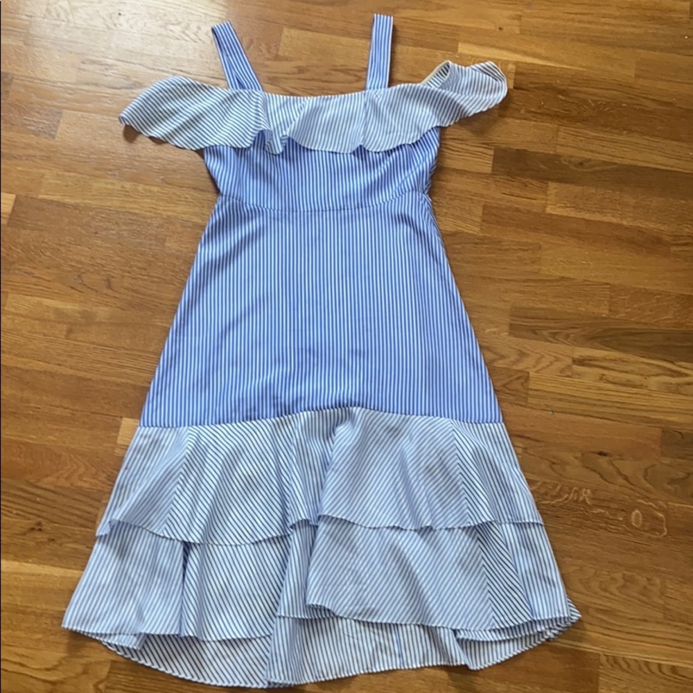 JCrew striped silk off shoulder dress